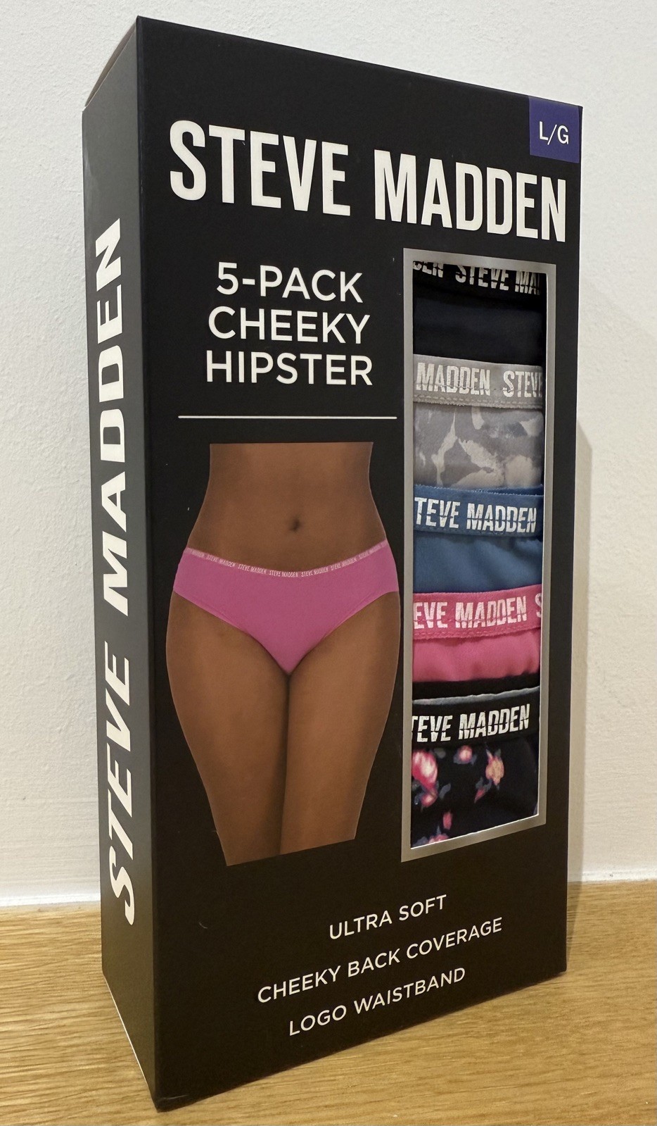 Steve Madden 5 Pack Cheeky Hipster Briefs – Pink / Black / Grey / Blue – Large