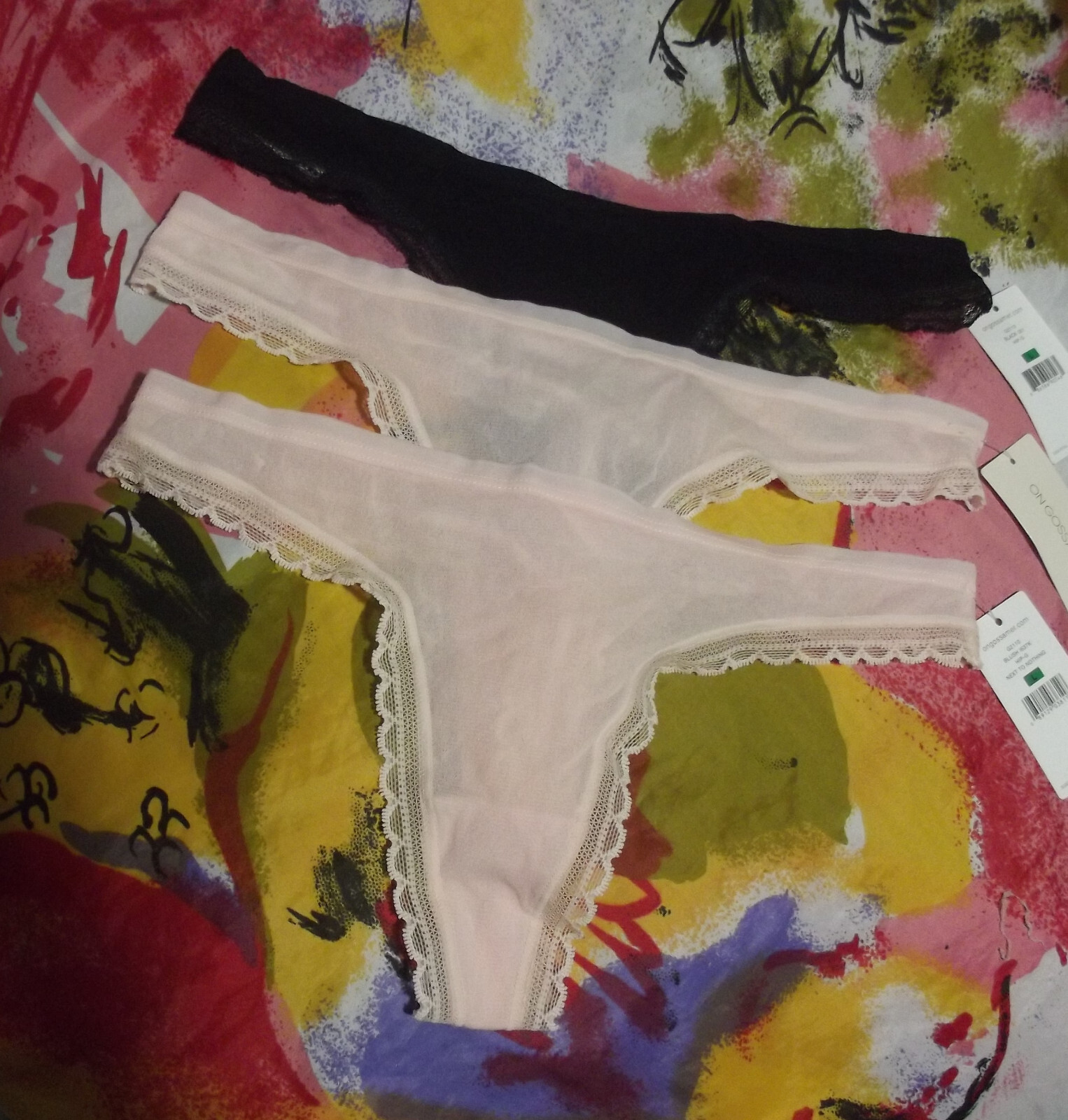 3 NEW ON GOSSAMER G2110 NEXT TO NOTHING BL/BK MF LACE TRIM HIP-G THONG PANTIES L