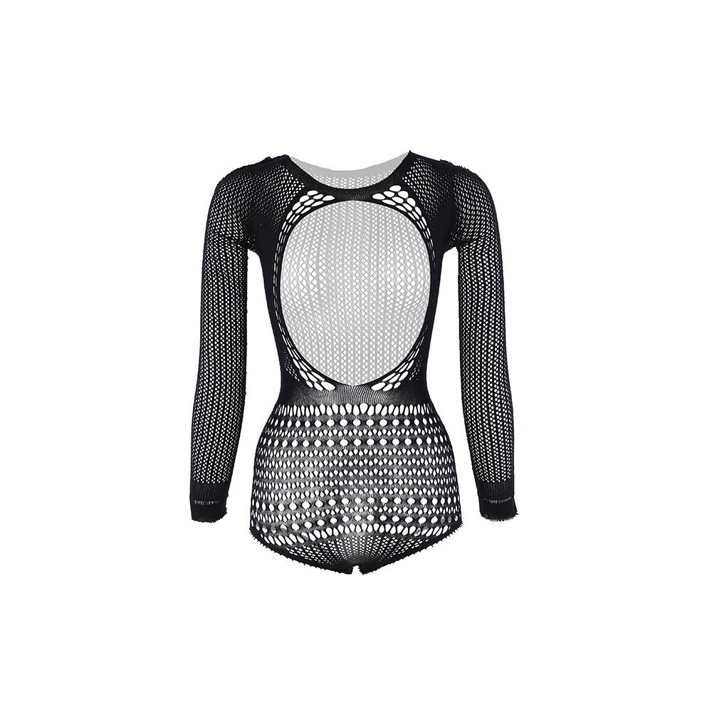 Seductive Long Sleeve Fishnet Teddy, Hollow Out Thong Women’s Lingerie Body Suit
