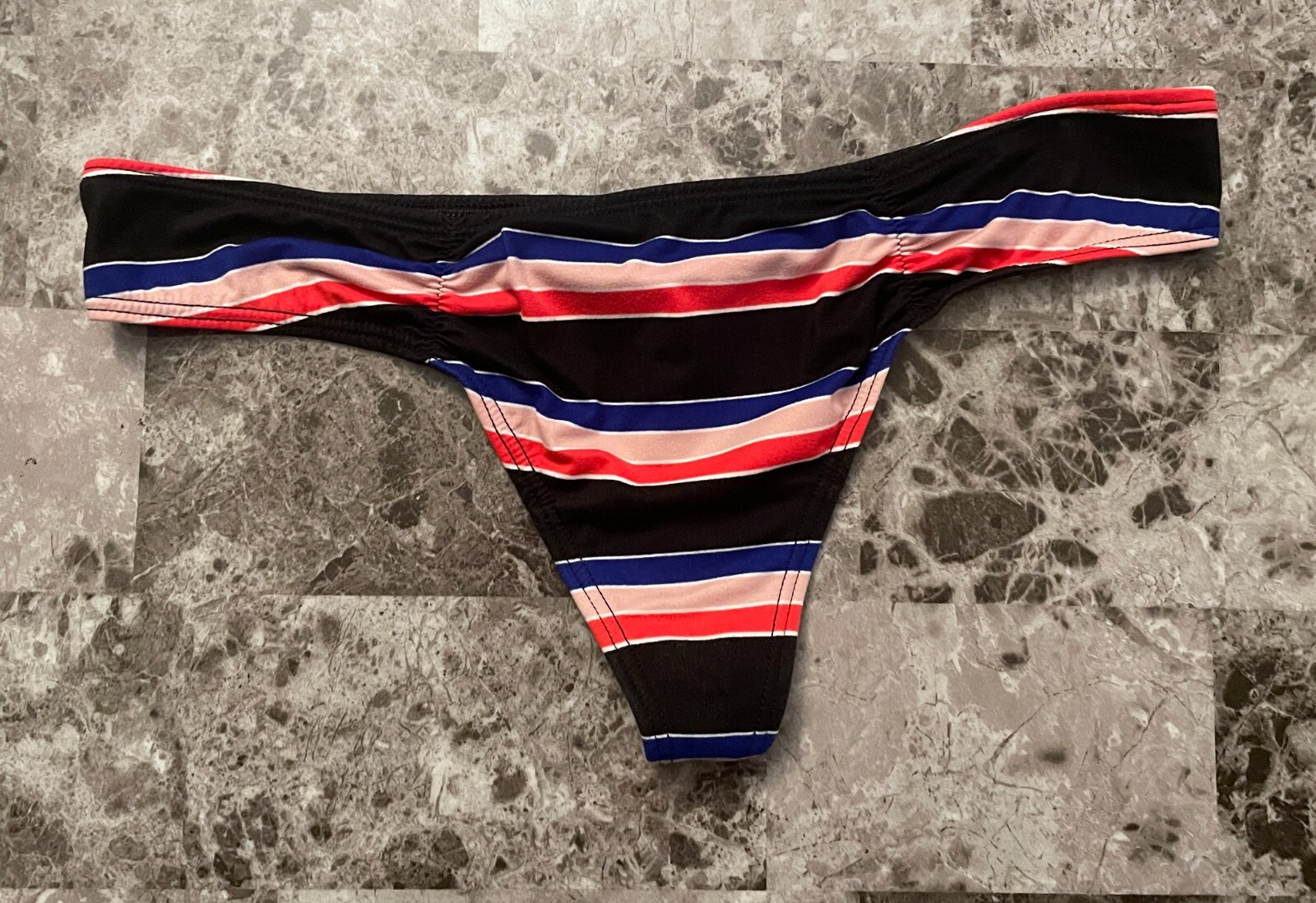VICTORIA’S SECRET PINK S BLUE BLACK RED STRIPE SMOOTH RUCH RARE THONG PANTIES