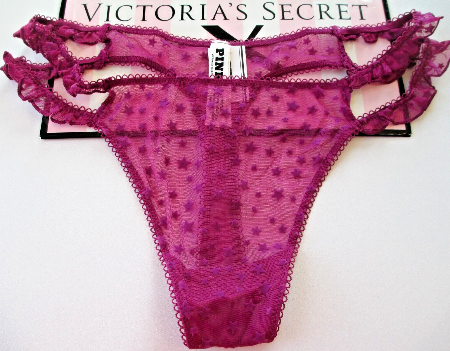 VICTORIA’S SECRET PINK Wink Strappy Mesh Thong Panty VS Velvet Stars S M XL Pink