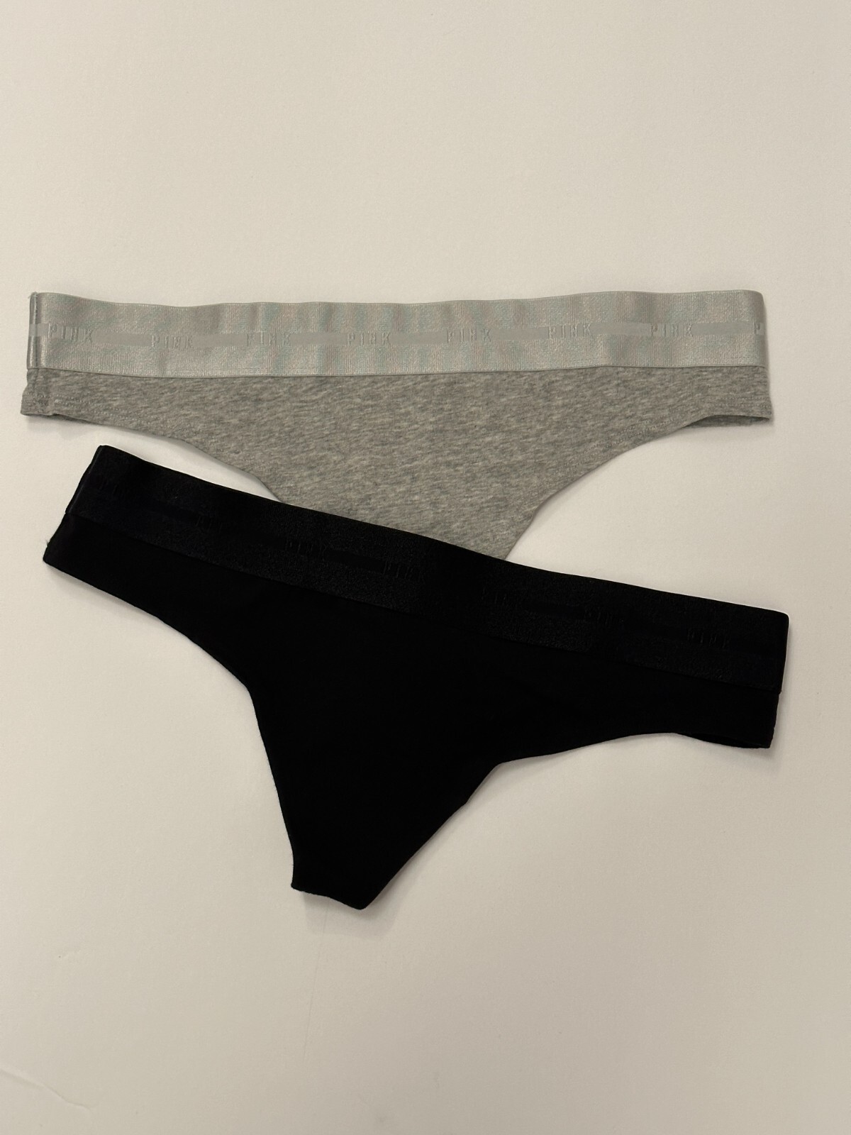 2 new Victoria’s Secret PINK Elastic PINK Logo waist Thong Panty GREY & BLACK M