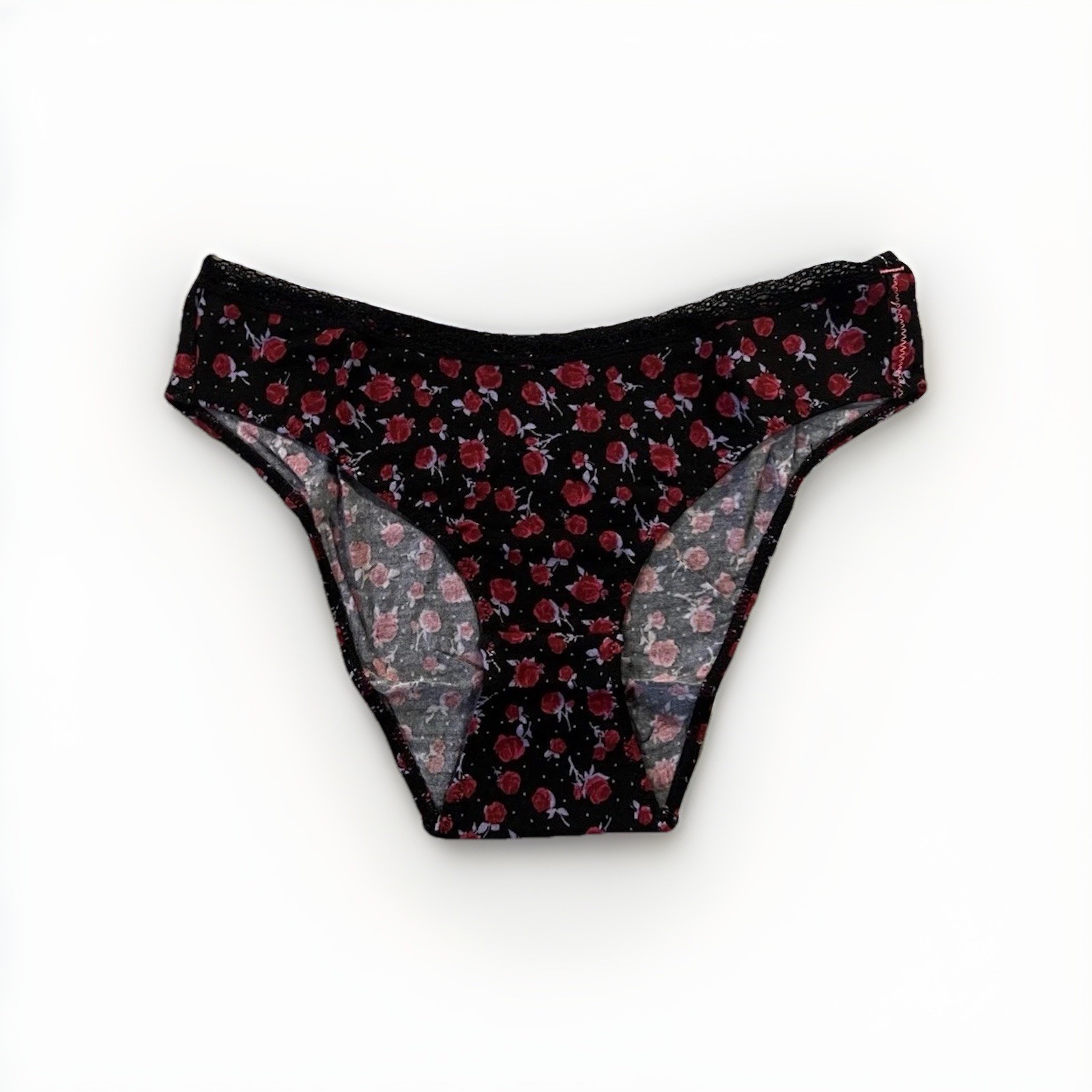 Women’s Bikini Panties, Black/Red Floral Rose Lace Trim, XS, 1 Pack