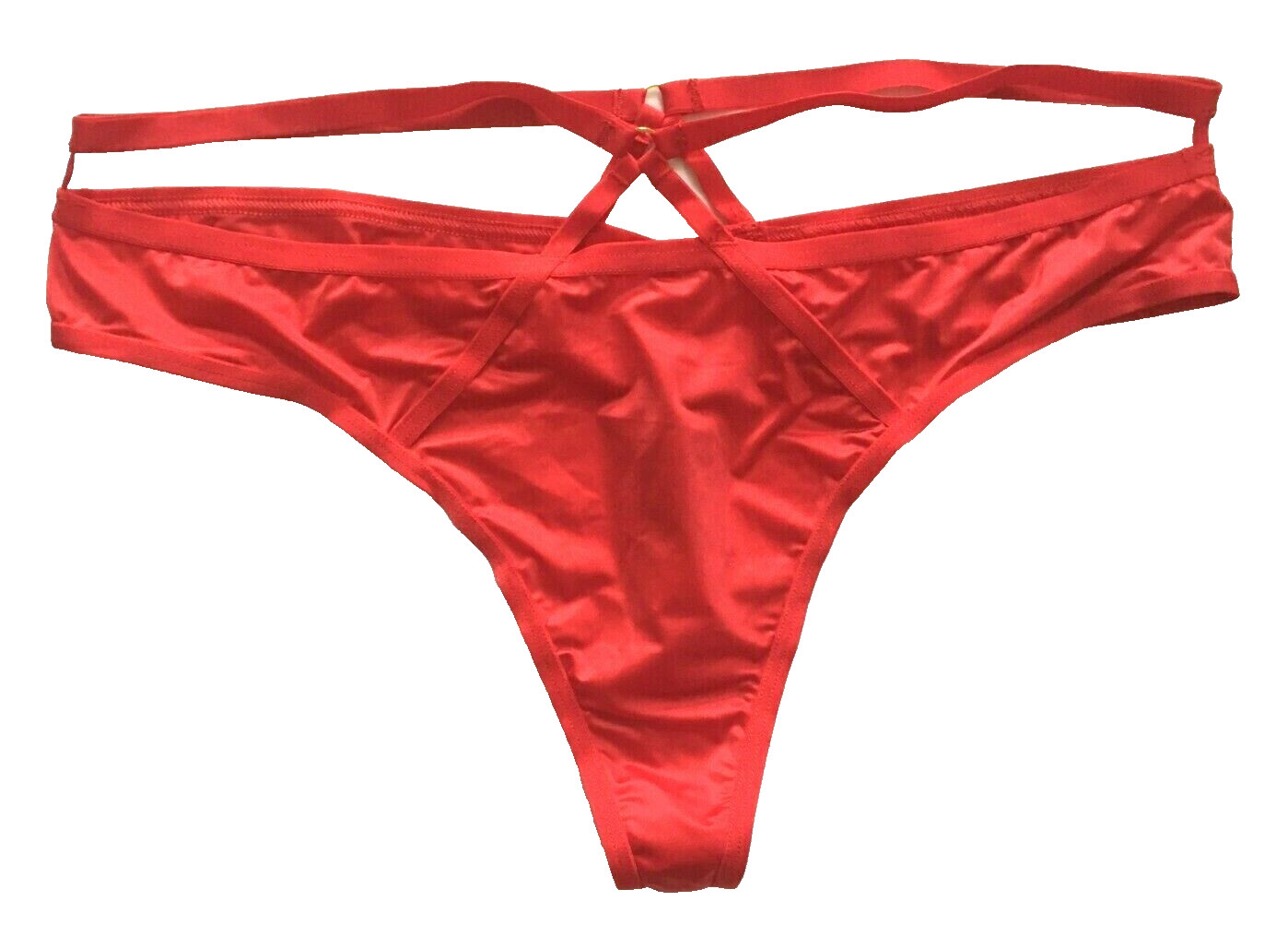 Victorias Secret Sexy Red Silky Strappy Cut-Outs Thong Panties M Metal Accents