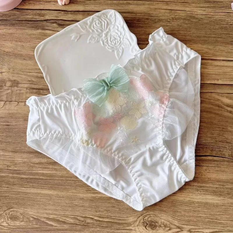 Embroidered Lace Briefs Mid Rise Bow Smooth Breathable Panties Women Soft