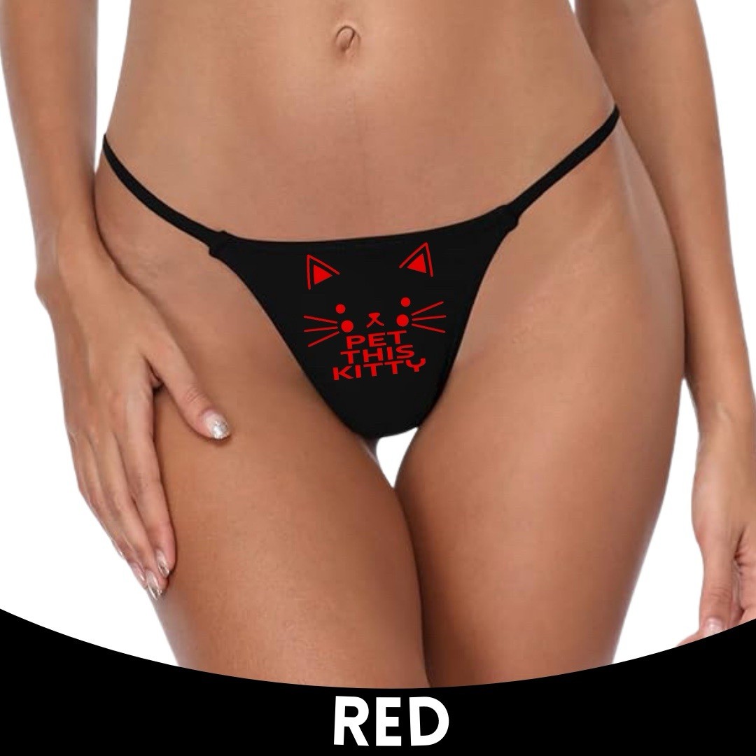 Pet This Kitty Thong – Flirty Black Cat Graphic Low Rise Cotton Panty