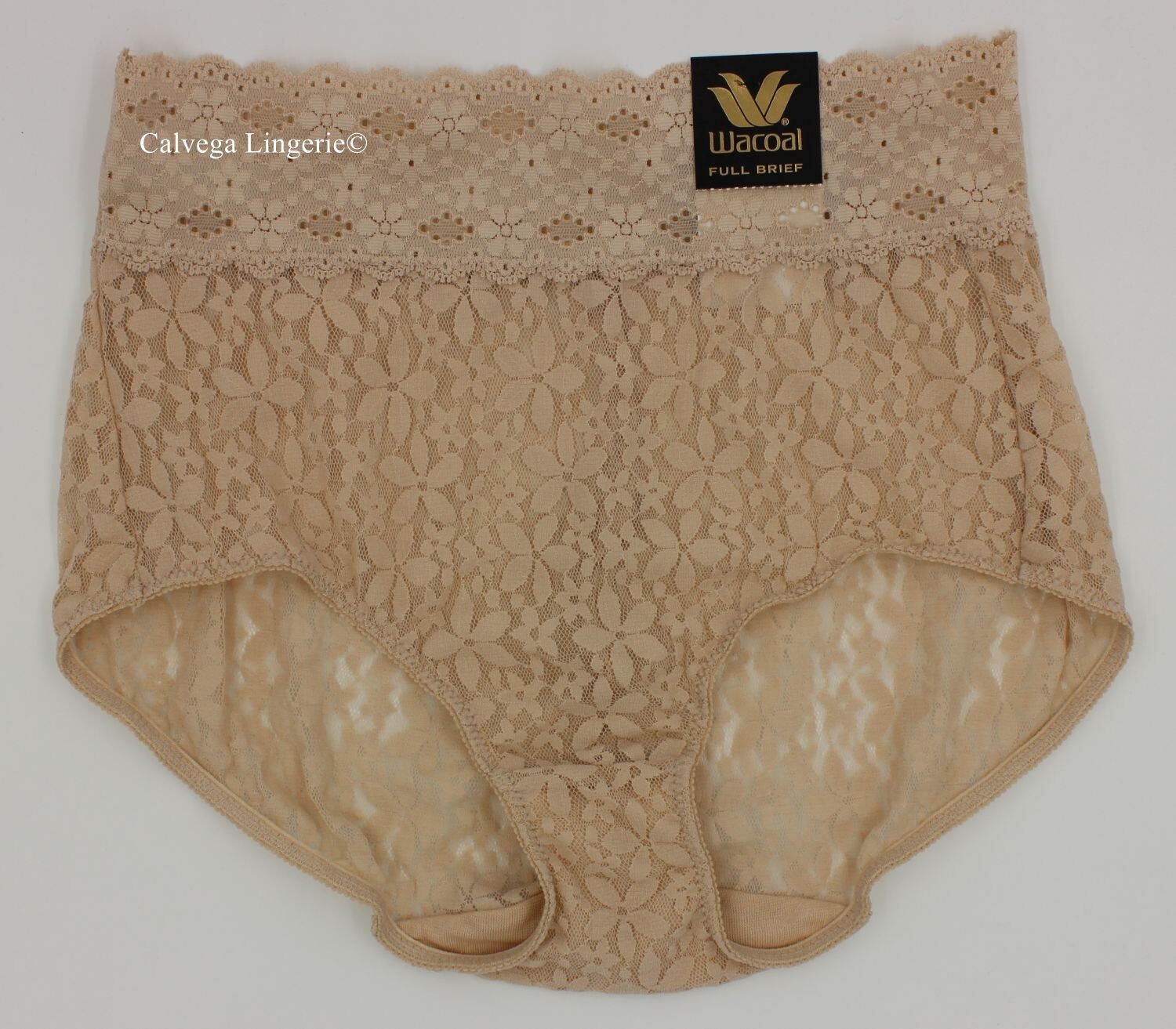 NWT Wacoal 870405 “Halo Lace” Full Brief Stretch Lace Panty, Beige (NN), S