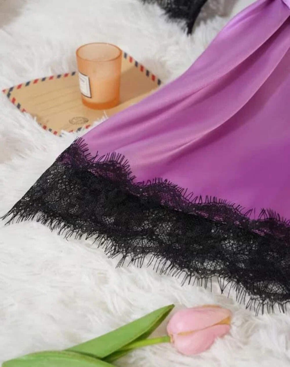 Silky feel purple satin black lace trim 4 piece lingerie set size 10 (M)