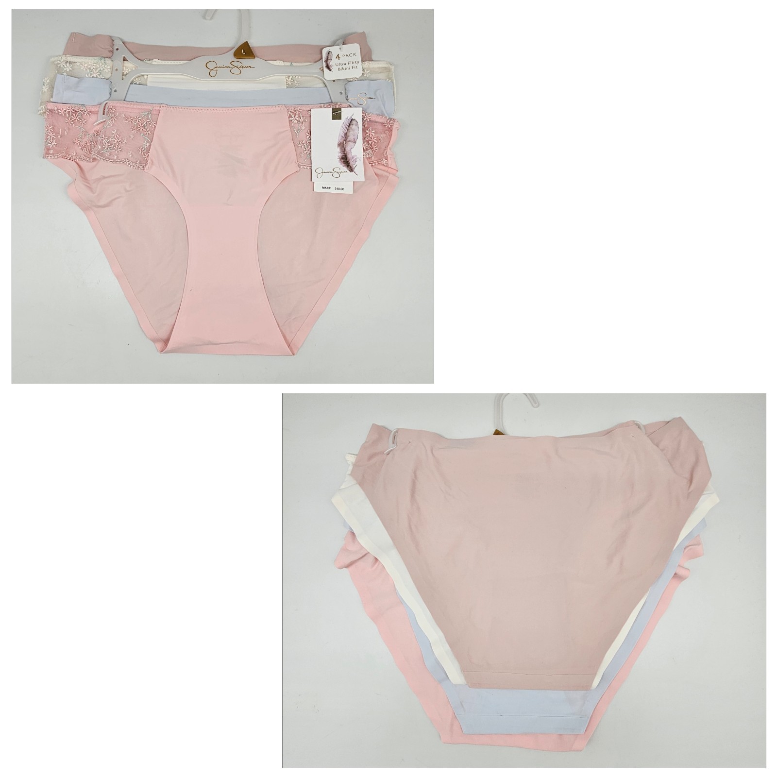 JESSICA SIMPSON 4 Pk Women’s M L Micro Lace Bikini Panties Beige Cream Blue Pink