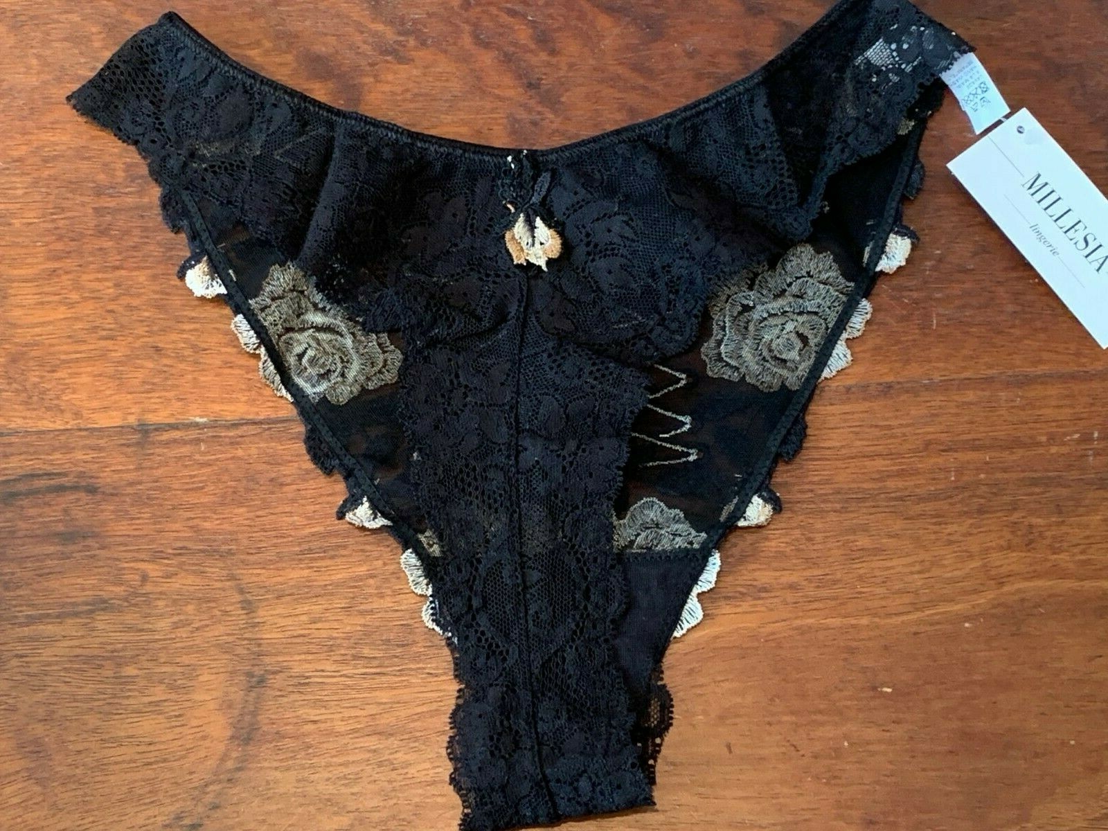 MILLESIA M4689 ~ BLACK / GOLD ROSE FLORAL EMBROIDERED TANGA PANTIES ~ SMALL