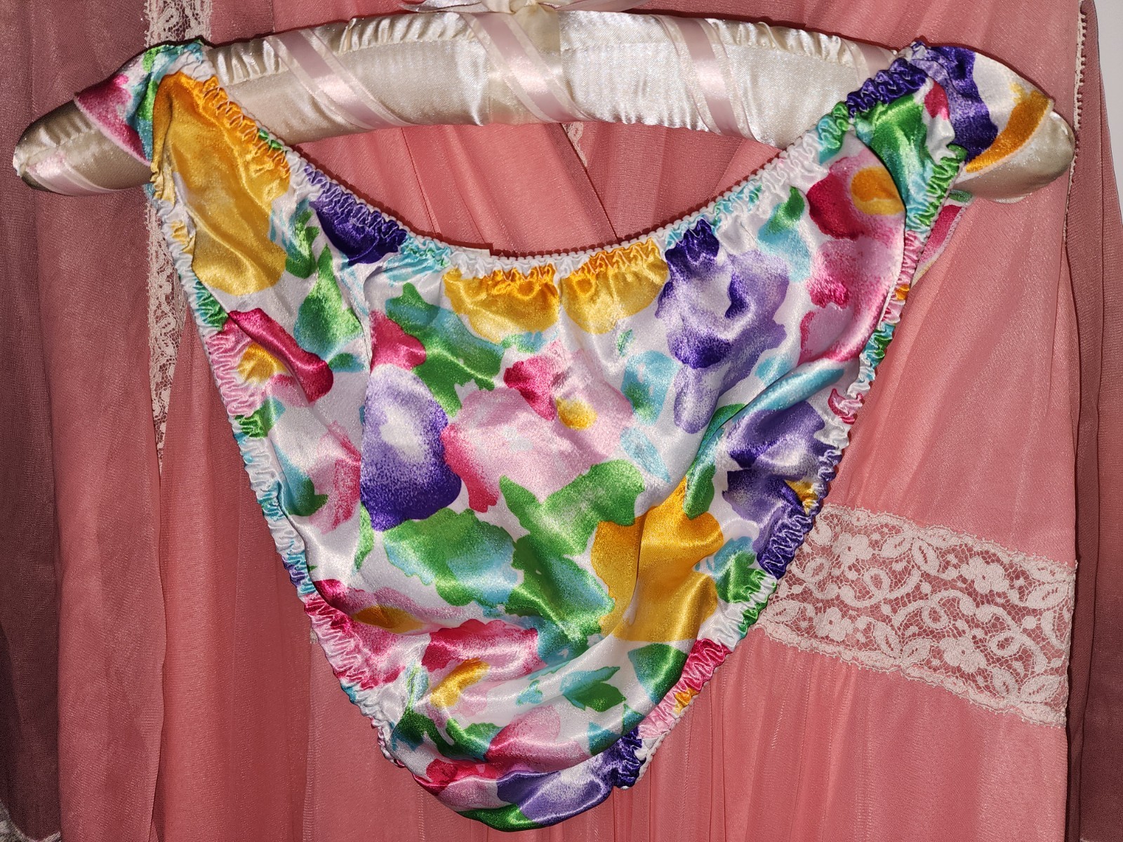 NEW 80s 90s Colorful Flowers Floral Flutter Bikini Panties Shiny Gloss Satin 7/L