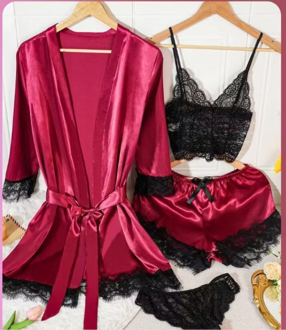 Silky feel deep red satin black lace trim 4 piece lingerie set size 20 (2XL)