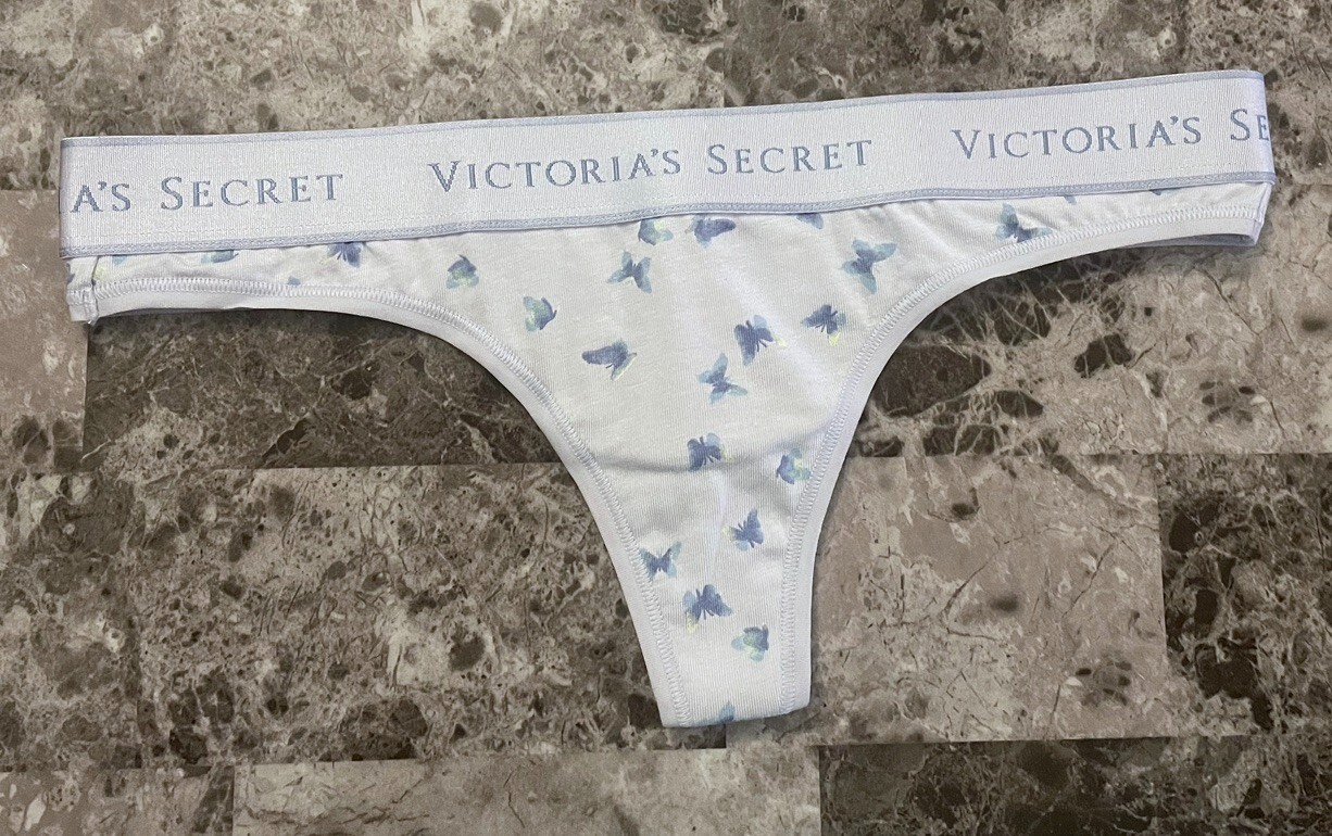NWT VICTORIA’S SECRET BLUE BUTTERFLY THICK LOGO WAISTBAND THONG PANTIES
