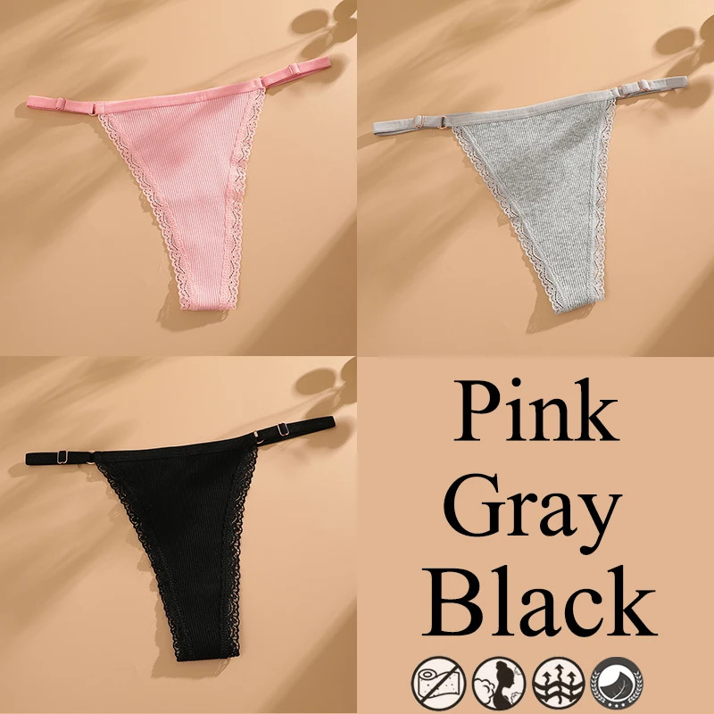 3pc Women Lace Thongs G-String Low Rise Panties Adjustable Waist Underwear