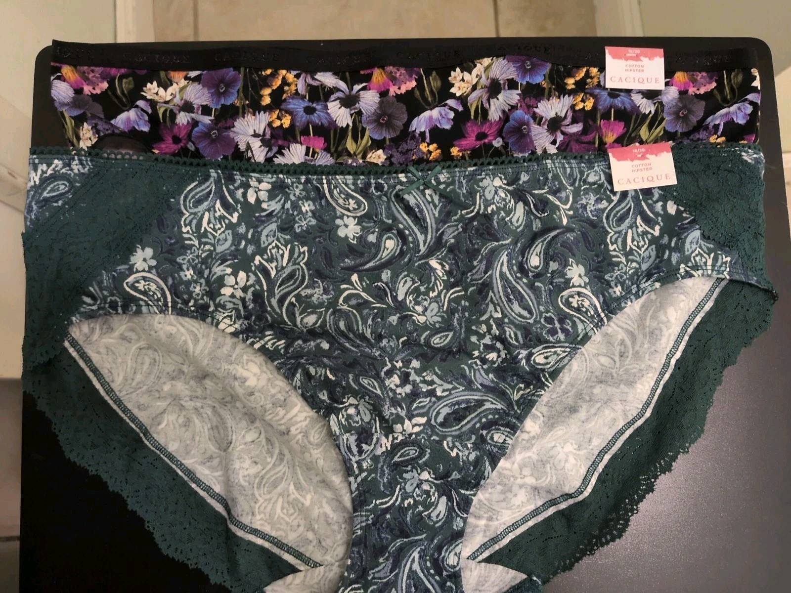 Lane Bryant 18/20 Cotton Hipster SET 2 NEW BLK Floral + Grn Paisley Lace