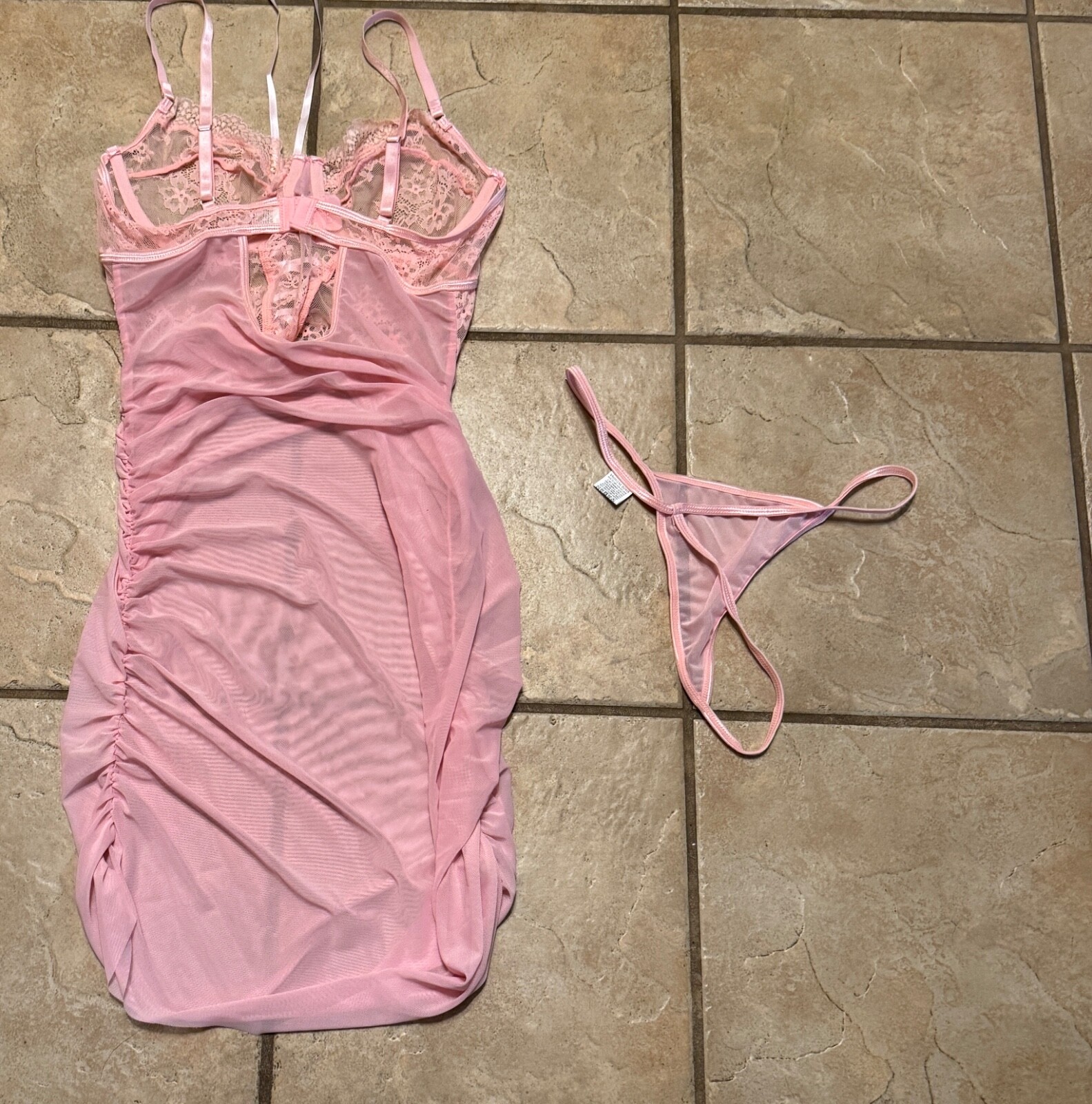 Shein Women’s Large Intimates 2 Piece Set Runched Dress + Thong Pink Sheer