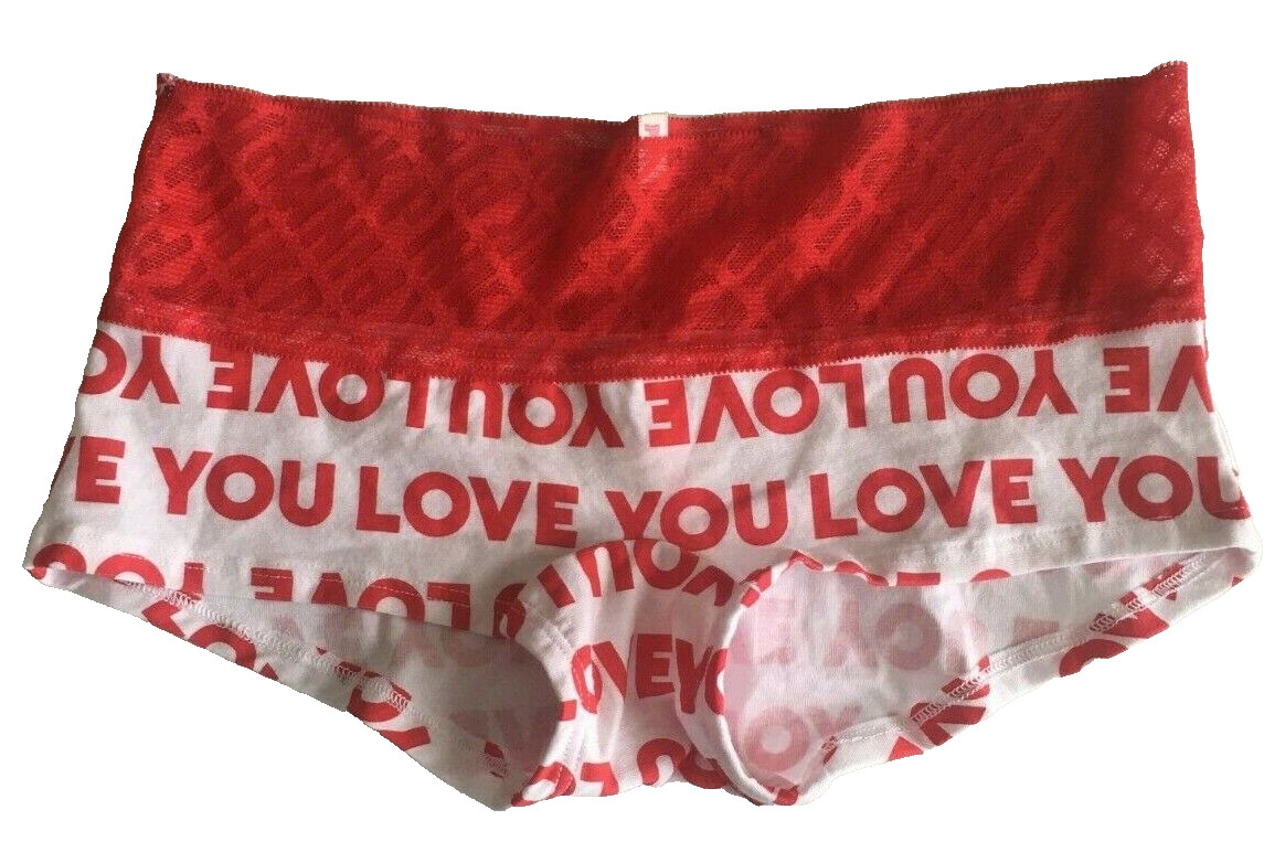 Victorias Secret Red White LOVE YOU Boyshort Style Panties Size XS Lace Waist