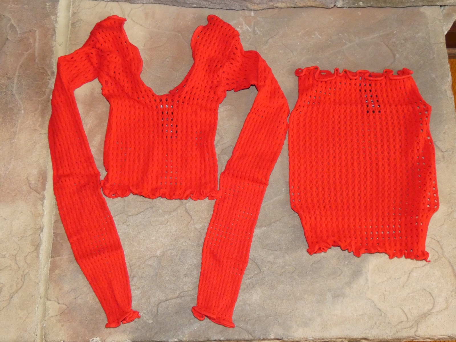 Rene Rofe 2 Piece Fishnet Long Sleeve & Mini Skirt Set Red One Size