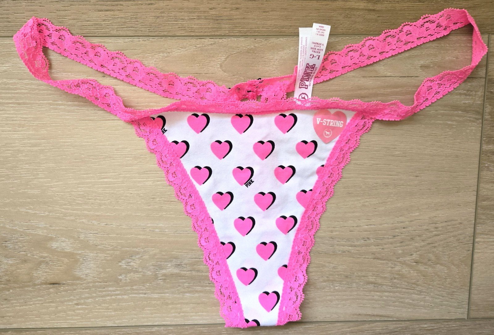 NWT Vintage Victoria’s Secret PINK Cotton Extra Low Rise Lace V-String Panties L