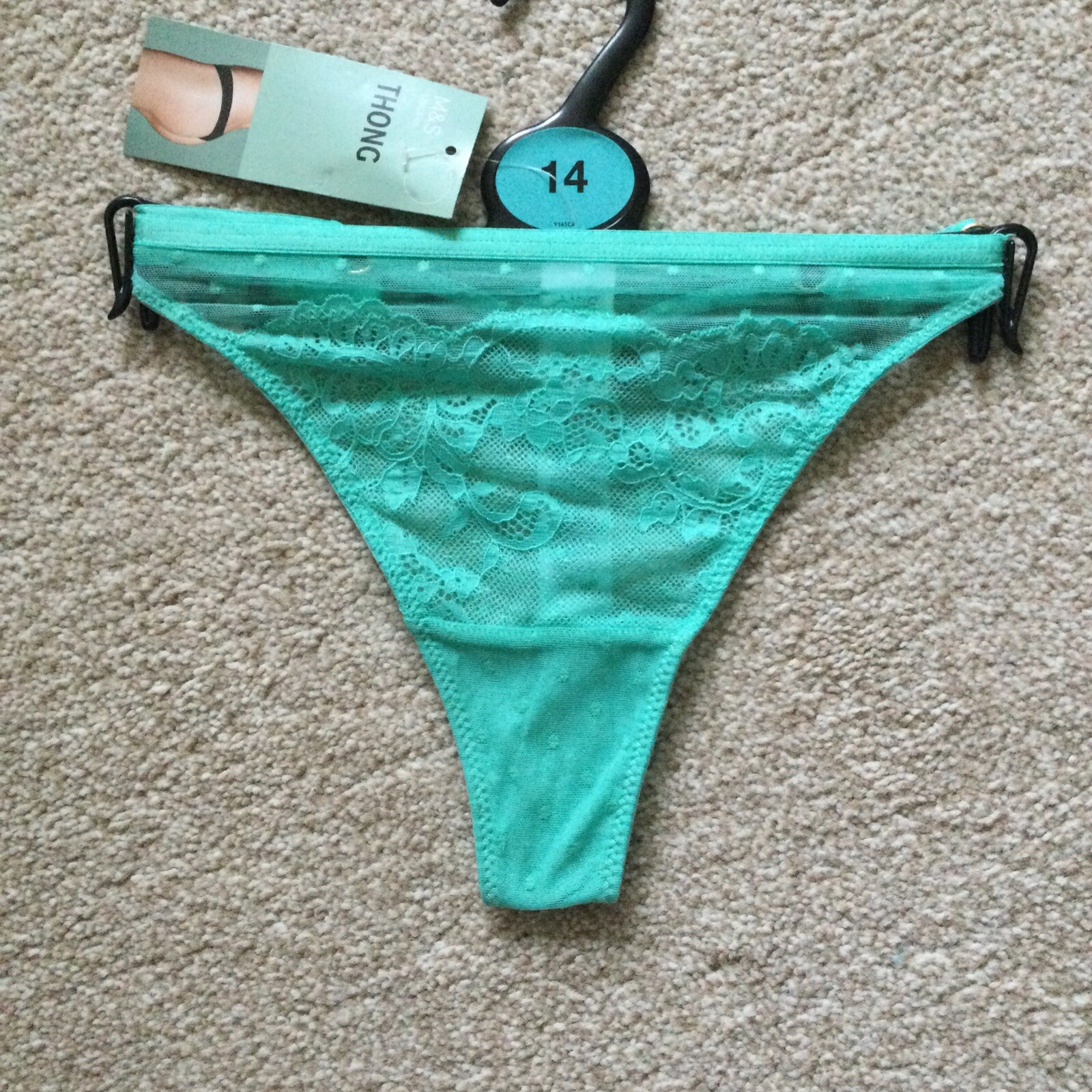 M&S Size 14 Ladies Lace Mesh Thong Knickers Light Jade Green Gold Ring Detail