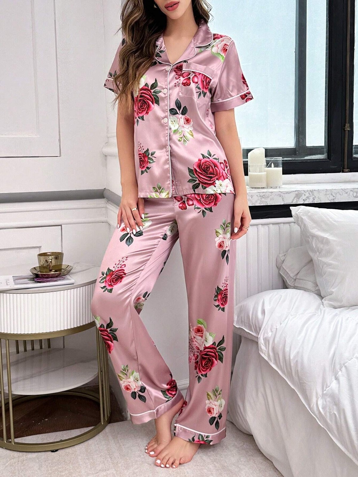 LuxeNights Satin Floral Pattern Collared Top & Pants Pyjama Set Ladies Cheap24