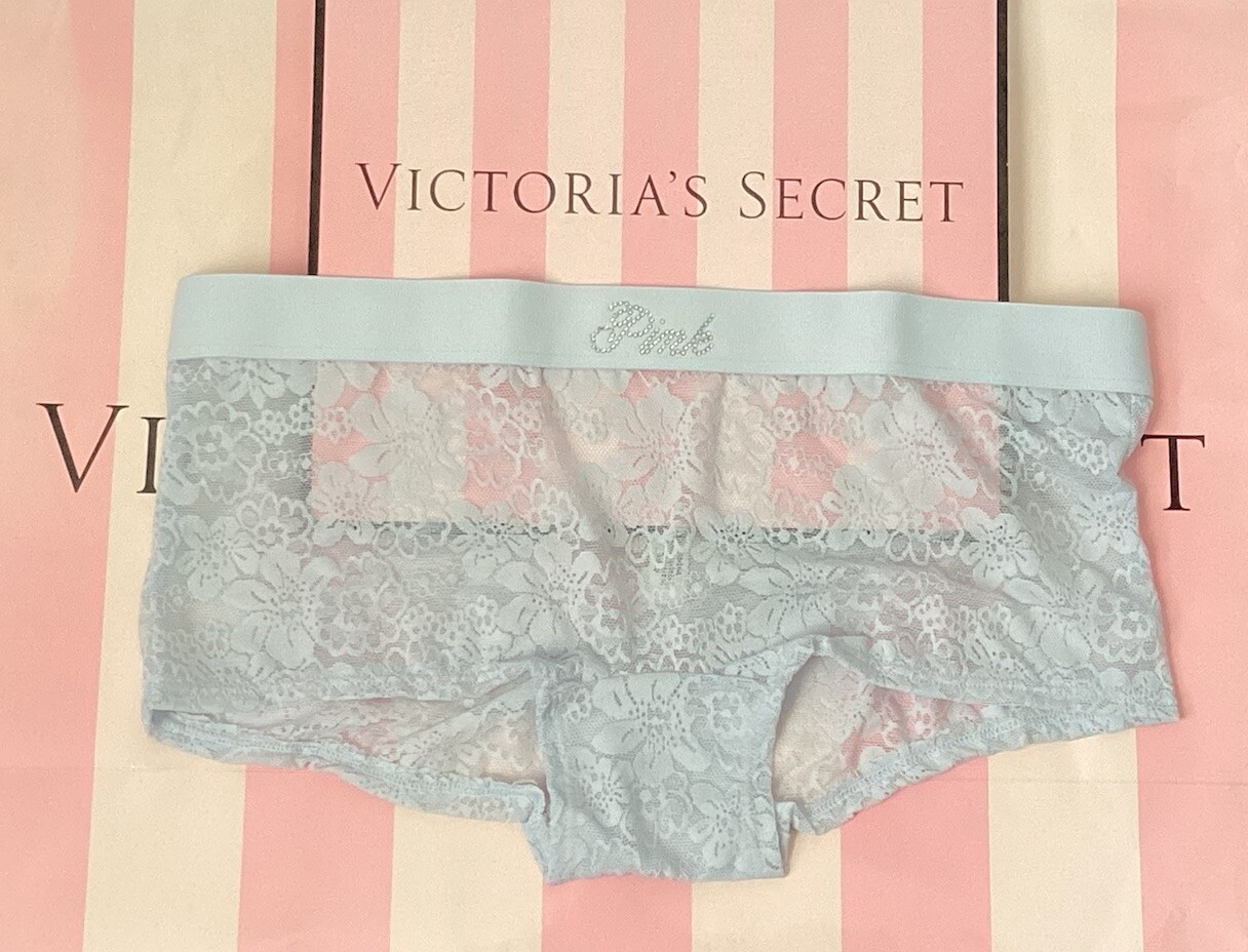 NEW Victoria’s Secret PINK Wink Lace Boyshort Panty Bling Logo Ice Blue M