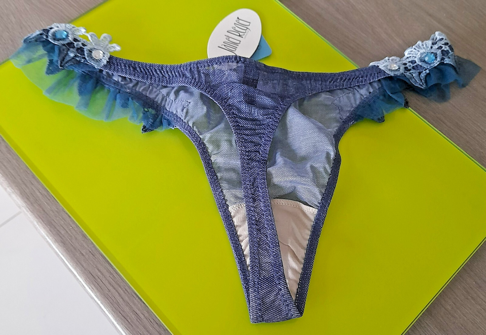 Janet Reger London Sheer Blue Denim Mesh Hipster Tanga Lace/Jewels/Ruffles