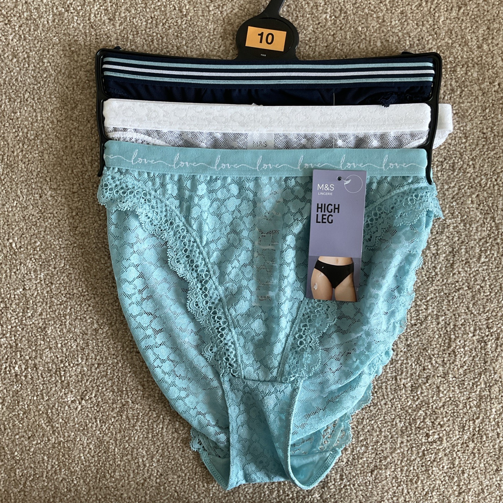 RRP £14 M&S 3 Pack Size 10 Ladies Love High Leg Knickers Turquoise Lace Mesh