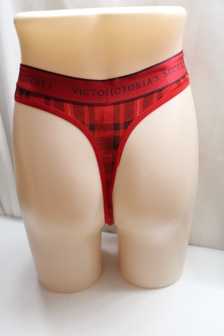 MED Red GOLD Glitter Plaid V-String LOGO Victorias Secret Thong Holiday Pantie