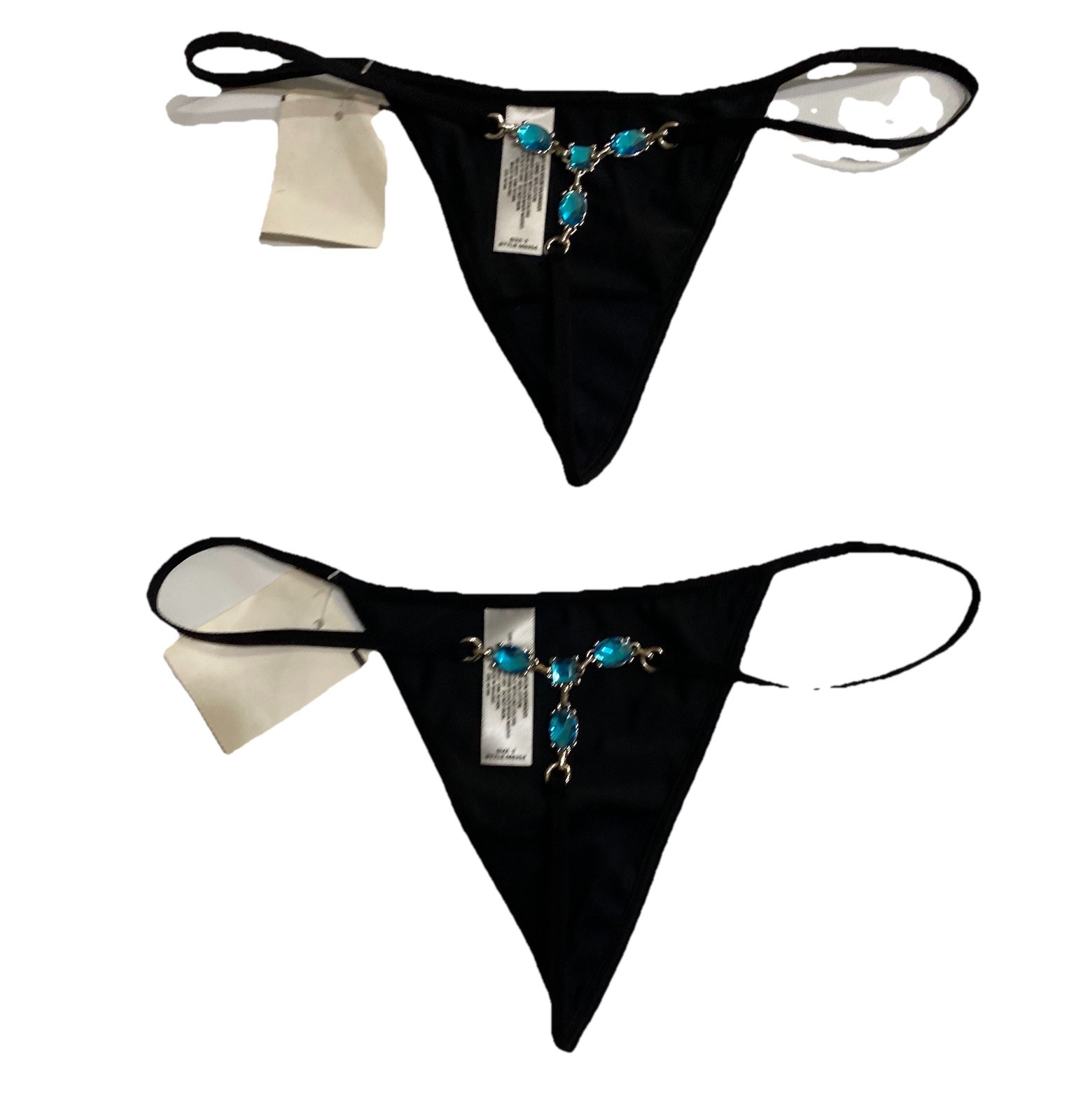 Thong Underwear S/5 Black 2 Pair Jeweled Blue Stones Womens Panties Intimate