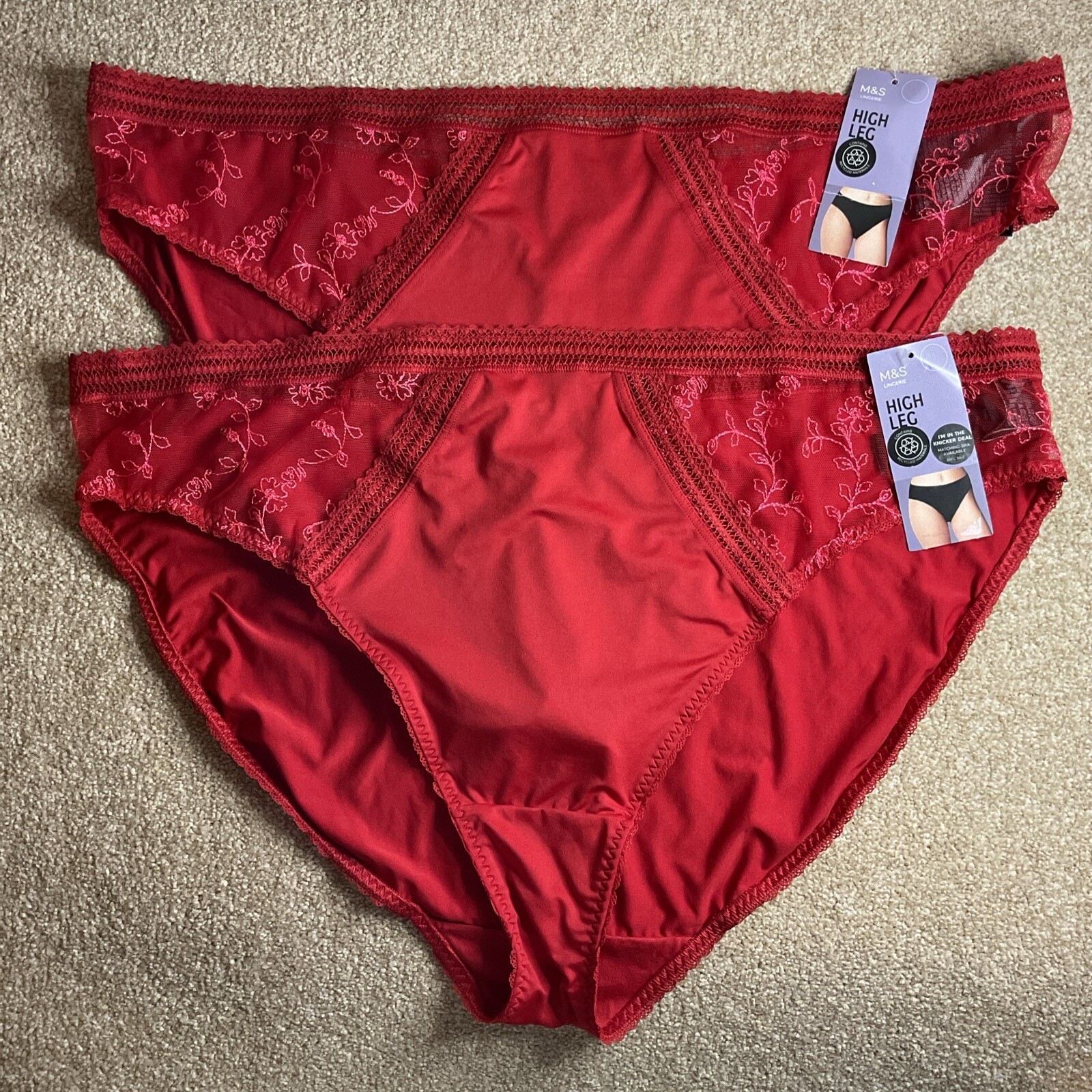 2 x M&S Size 26 Gorgeous Ladies High Leg Knickers Redcurrant Red Soft Silky