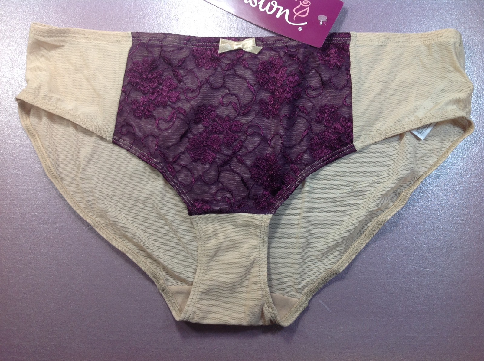 Women Panties,briefs Bikinis”ILUSION”size XL.beige Gauze W/purple Fishnet Floral