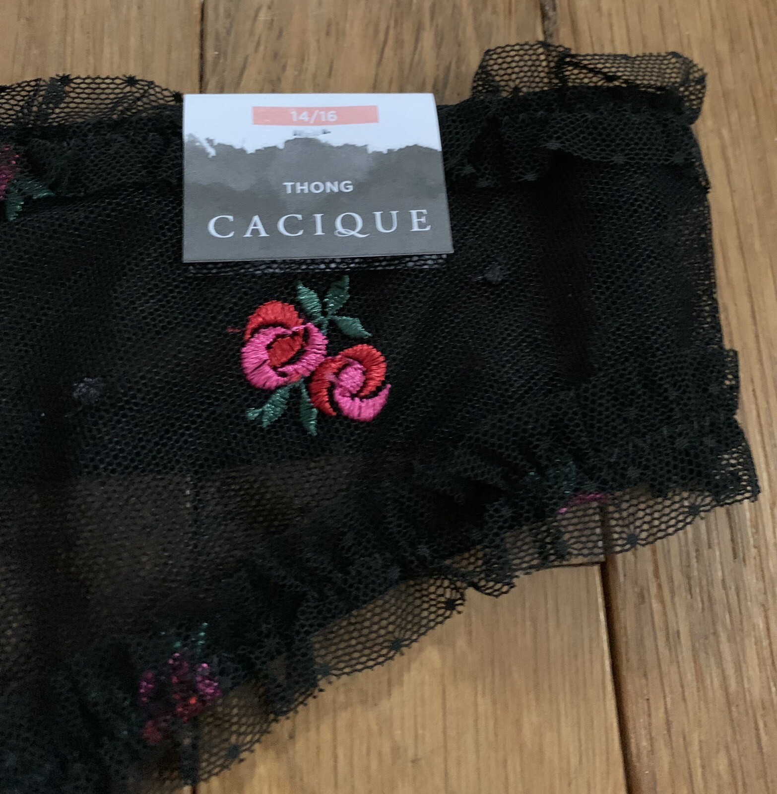Plus Sz 14/16 Lane Bryant Cacique Thong Panty Black Sheer Lace Embroidered Rose