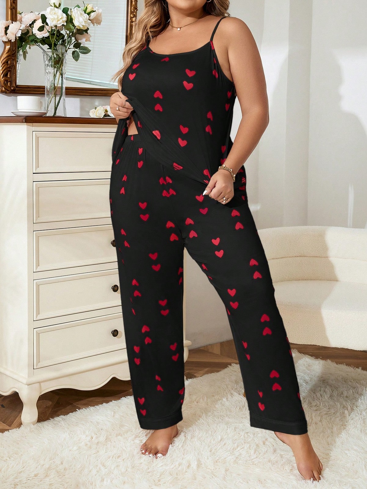 Comfy Plus Size Pyjama Set With Heart Pattern Strappy Top And Trousers Cheap24