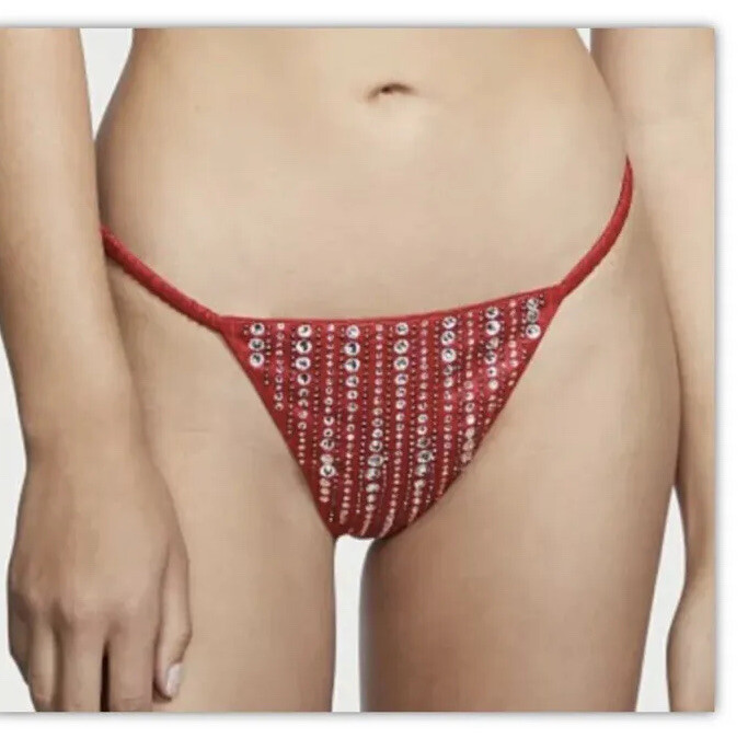 Victorias Secret Red Rhinestone String Thong Panty Sparkle V-String Small