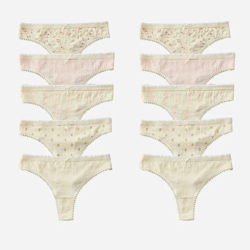 Low Rise Cotton Thong Women’s Floral Bow Seamless Soft Stretch Panty 10 Pcs
