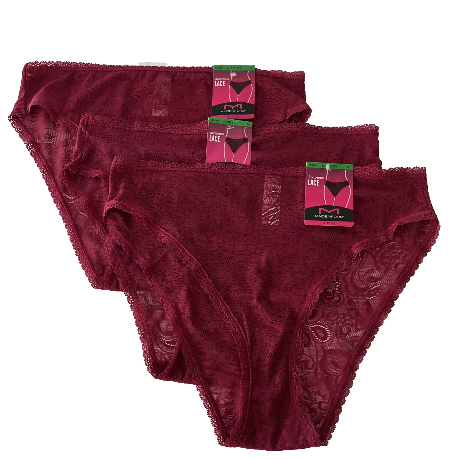 Maidenform 3 Pairs High Leg Lace Panties L/7 Spice Market Red DMSLHB NEW