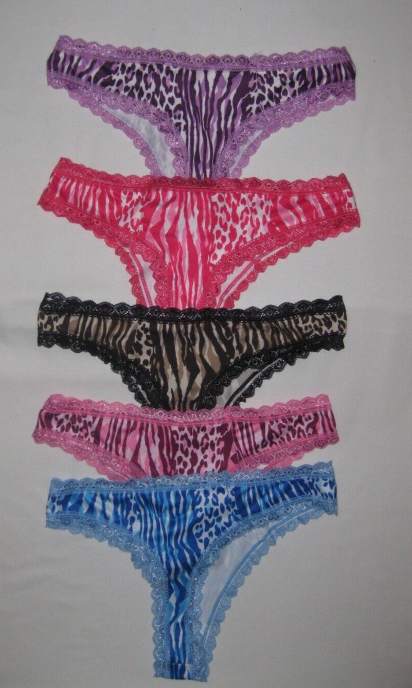 Shein 5pk lace trim leopard & zebra print thong panties S nip kawaii Y2K retro