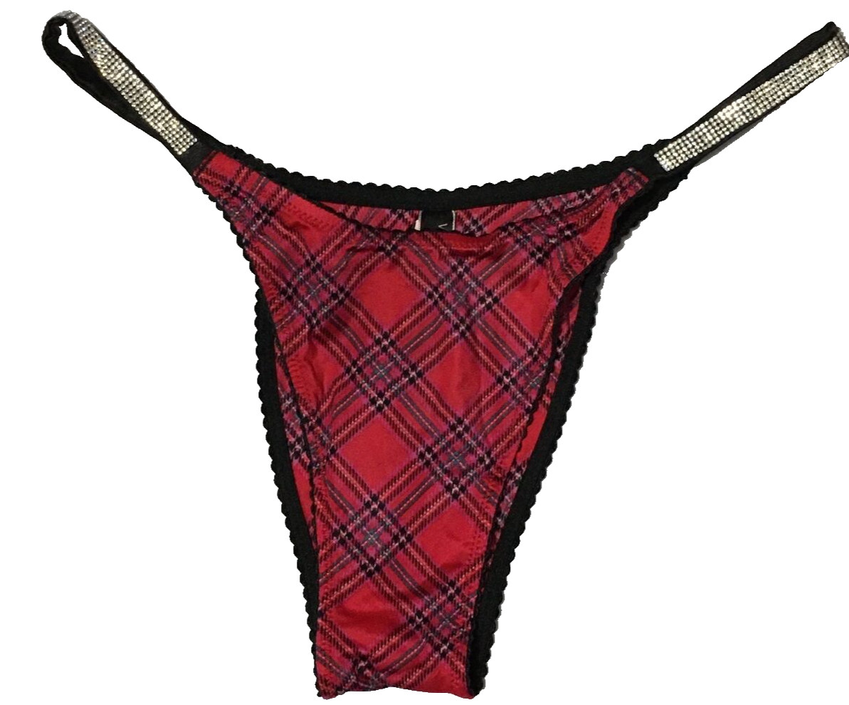 Victoria’s Secret Red Plaid Shine Strap Brazilian Panties M Rhinestones Sparkle