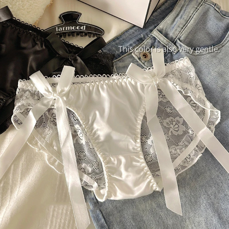 Low Rise Satin Lace Panties Bow Detail Women Soft Stretch Breathable Fit