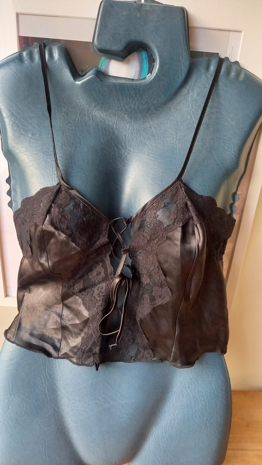 Black Satin Silk Like Camisole Front Tie Thin Straps Lingerie Cami size10-12 NEW