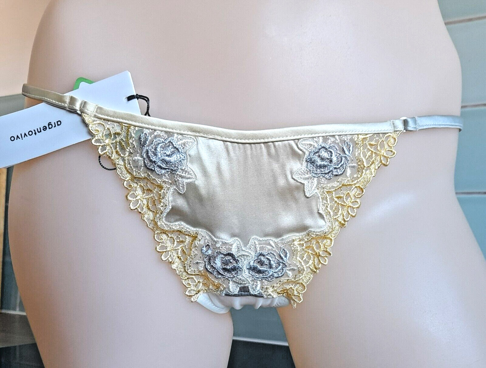 Argentovivo PARINA Silk/Sheer Ivory Mesh Gold/Silver Rose Embroidered G-String