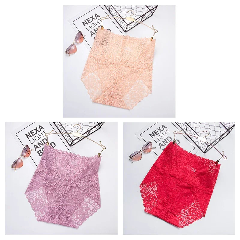 High Waist Lace Panties Women’s Floral Hollow Seamless Soft Underwear 3 Pcs