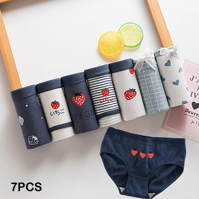 Low Rise Cotton Panties Women Cartoon Print Seamless Soft Stretch Comfort 7 Pcs