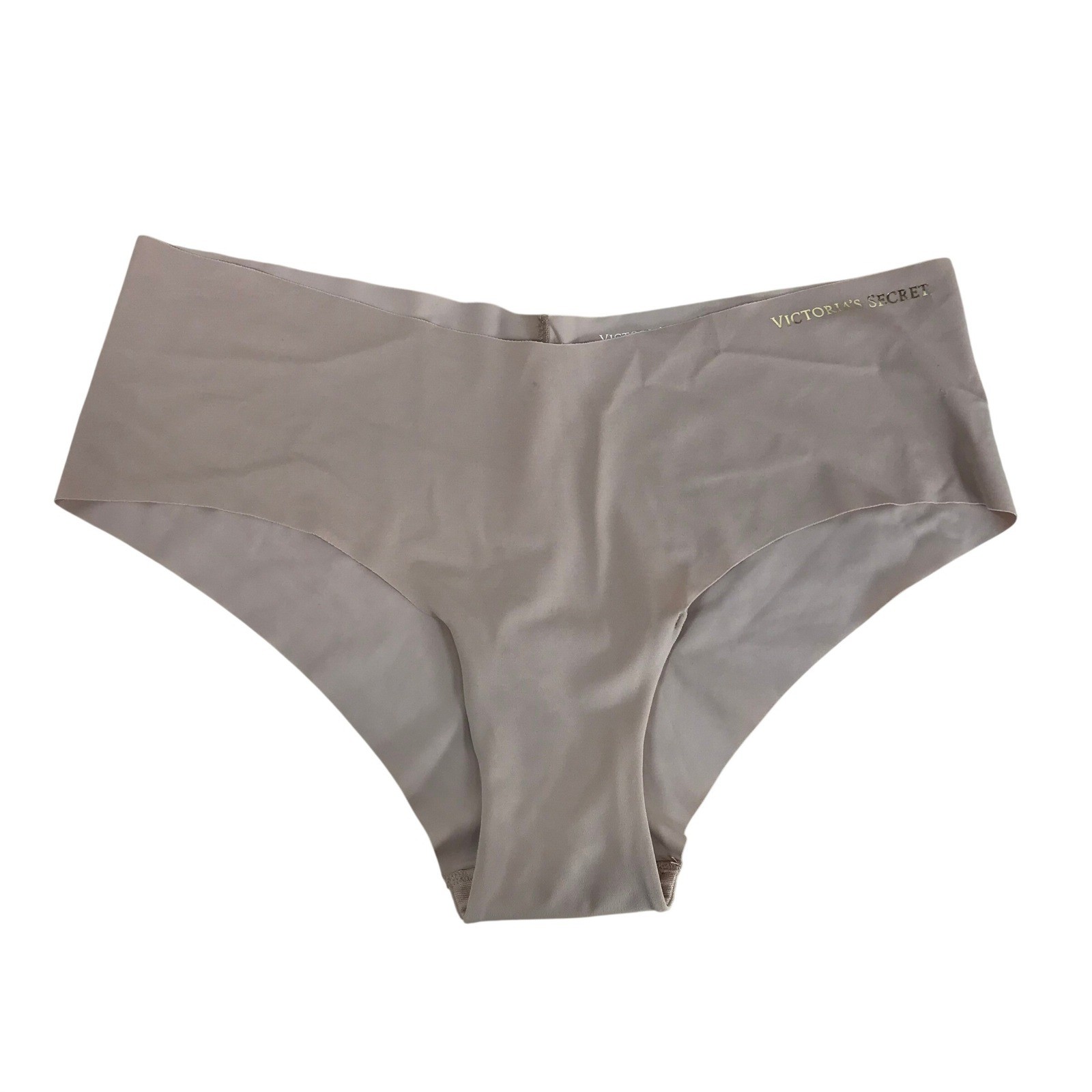 Victorias Secret Cheeky Panty Beige Nude Seamless Laser Cut Gold Logo Medium NEW