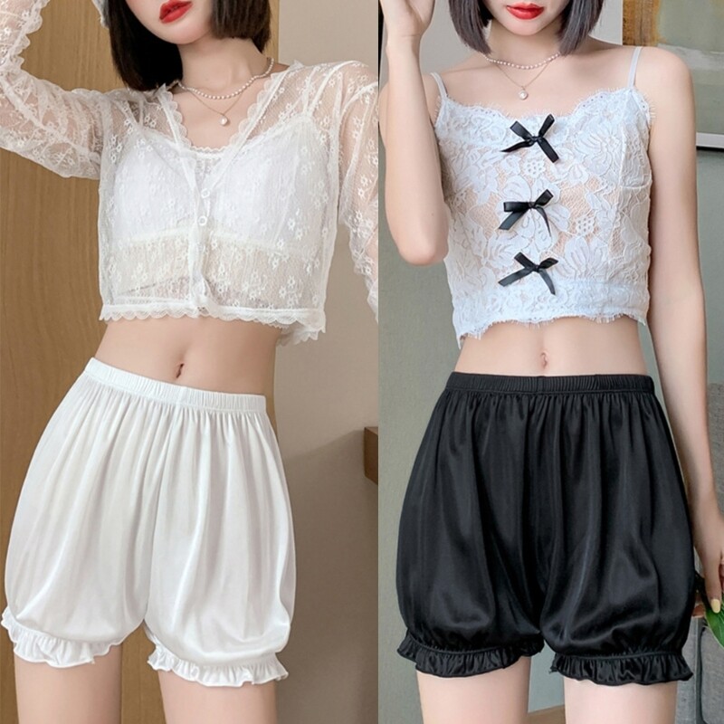 Ruffle Pumpkin Lace Trim Safety Pants Summer Underpants Women Ice Silk Shorts