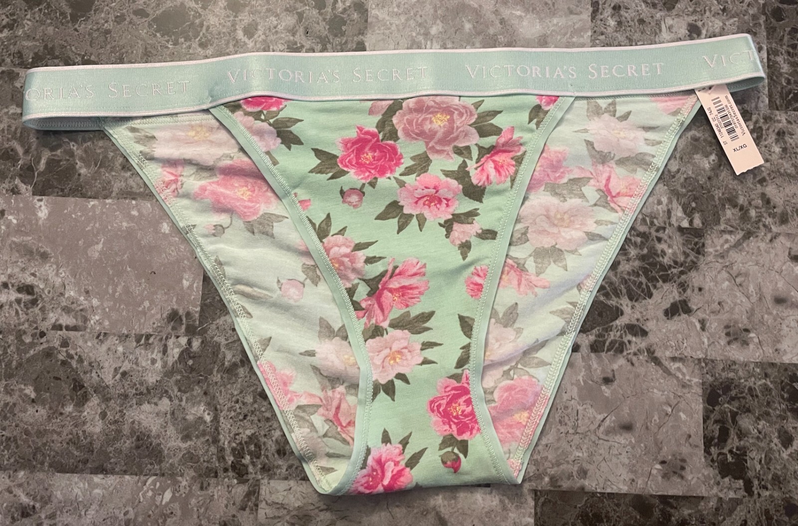 NWT VICTORIA’S SECRET GREEN PINK FLORAL THICK LOGO BAND TANGA CHEEKY PANTIES