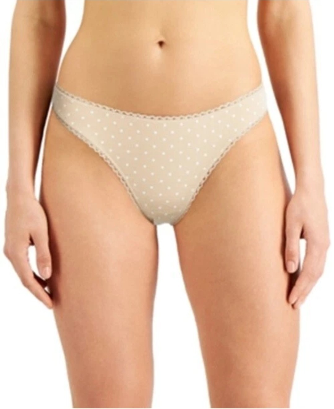 Charter Club Women’s Everyday Cotton Lace Trim Thong, Beige, Size L, NWT