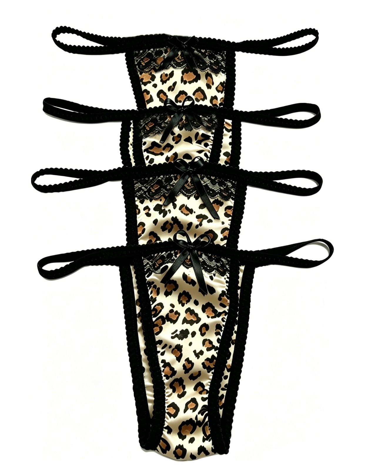 4PCS Silky Leopard Print Thong with Delicate Black Lace Trim & Bow Detail