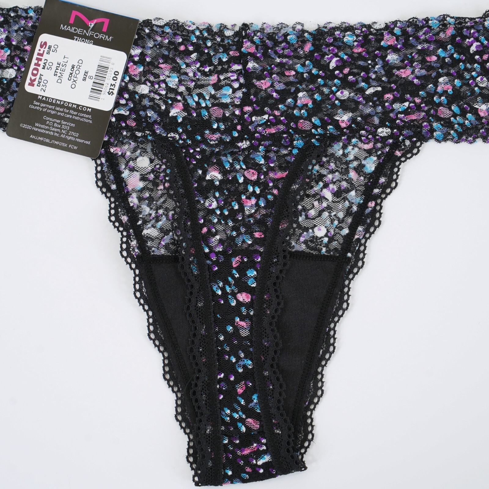 MAIDENFORM Women’s Size 8 X-LARGE Multicolor DOT BLACK LACE THONG Panty #DMESLT